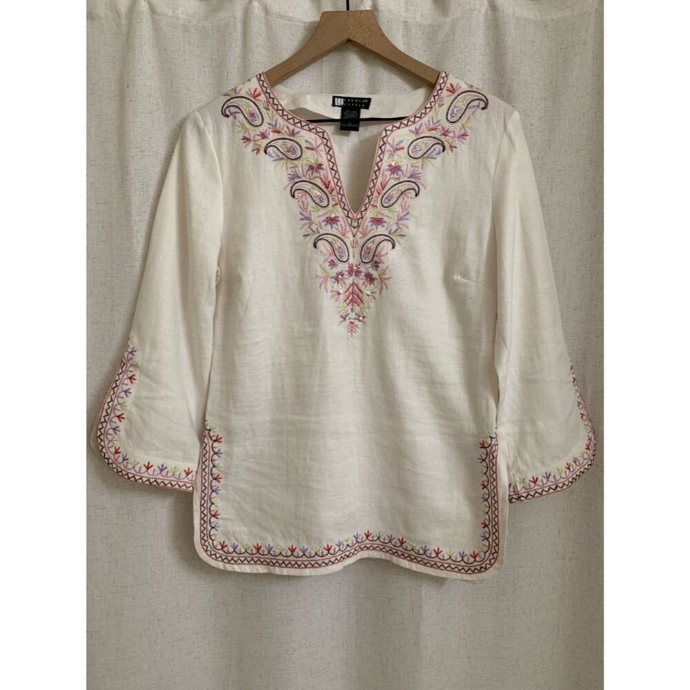 Carole Little 100% Linen Embroidered VNeck Tunic Peasant Blouse Multi Embroidery
